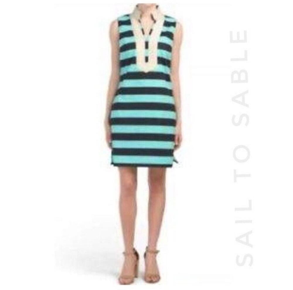 Sail To Sble Striped High Bishop Neck Dress Size S Small Teal Gold